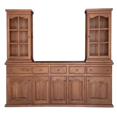 Rack para TV de algarrobo con vitrinas laterales y gran guardado