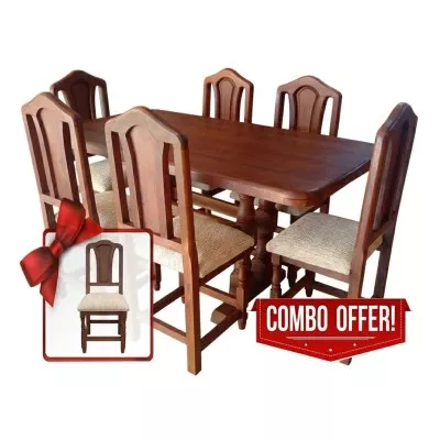 Juego de Comedor de Algarrobo: Mesa Pata Botella + 6 Sillas Tapizadas en Tela 100% Madera Maciza