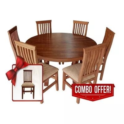 Juego de Comedor de Algarrobo: Mesa Redonda con 6 Sillas Tapizadas