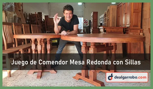 Mesa modelo Mónaco, de tablero redondo de madera maciza de pino y