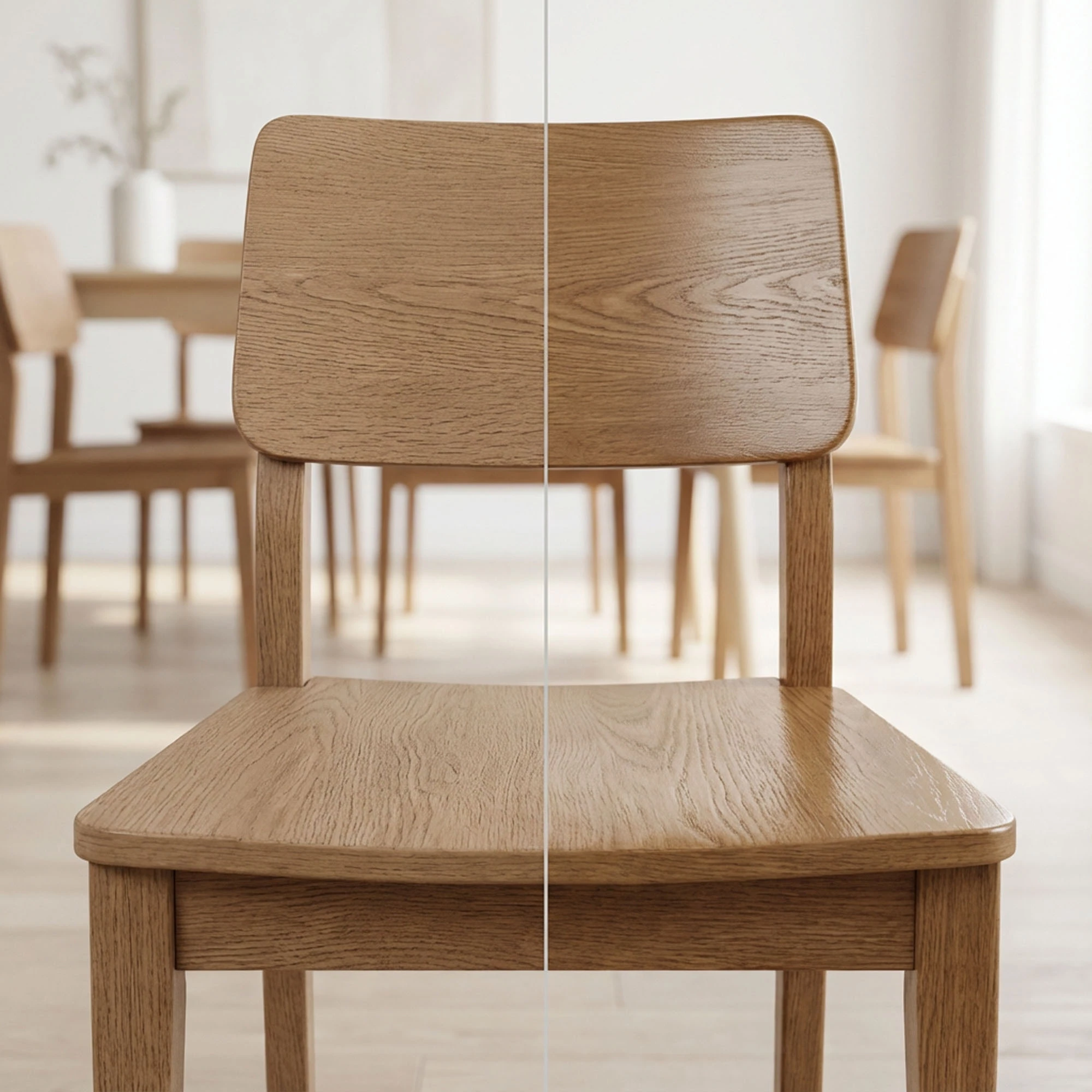 Silla de comedor de madera con comparaci&oacute;n visual de acabado mate y satinado bajo luz natural para ver reflejos y textura