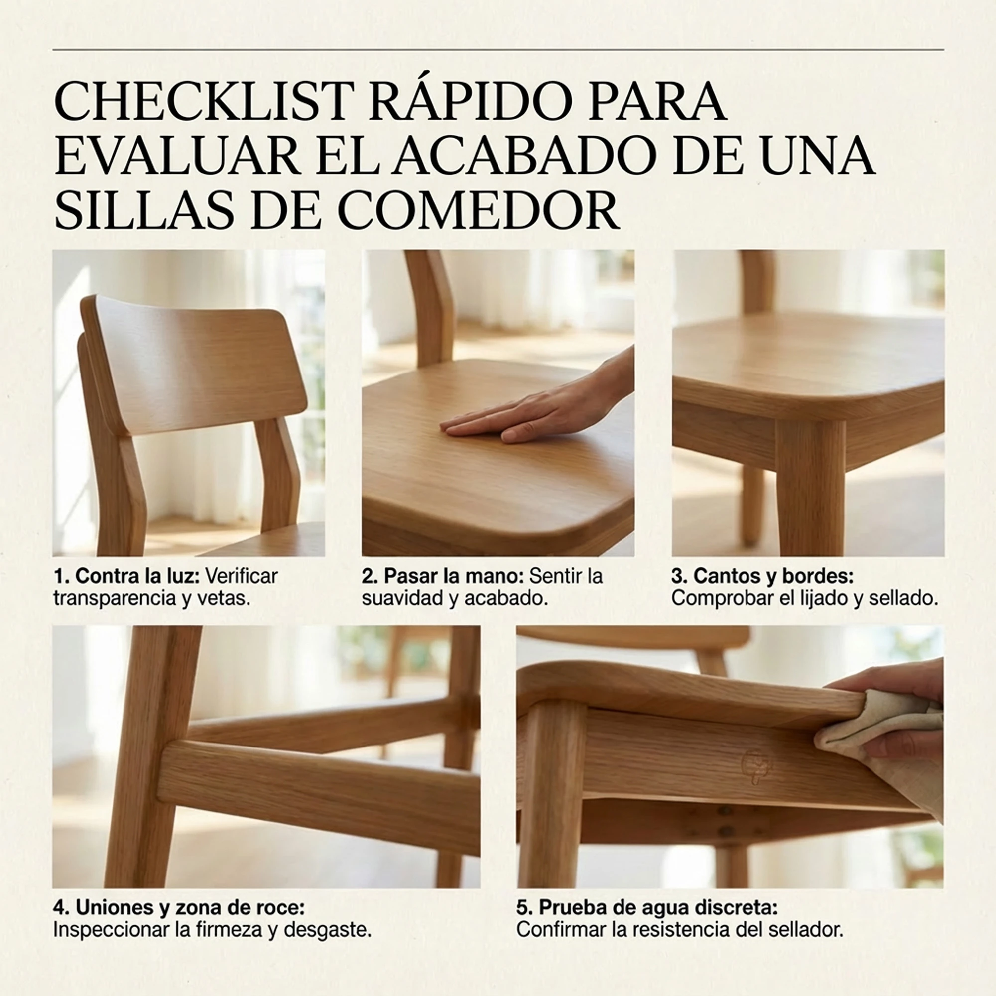 Prueba visual de acabado en silla de comedor: observar reflejos bajo luz para detectar uniformidad, bordes y zonas de roce