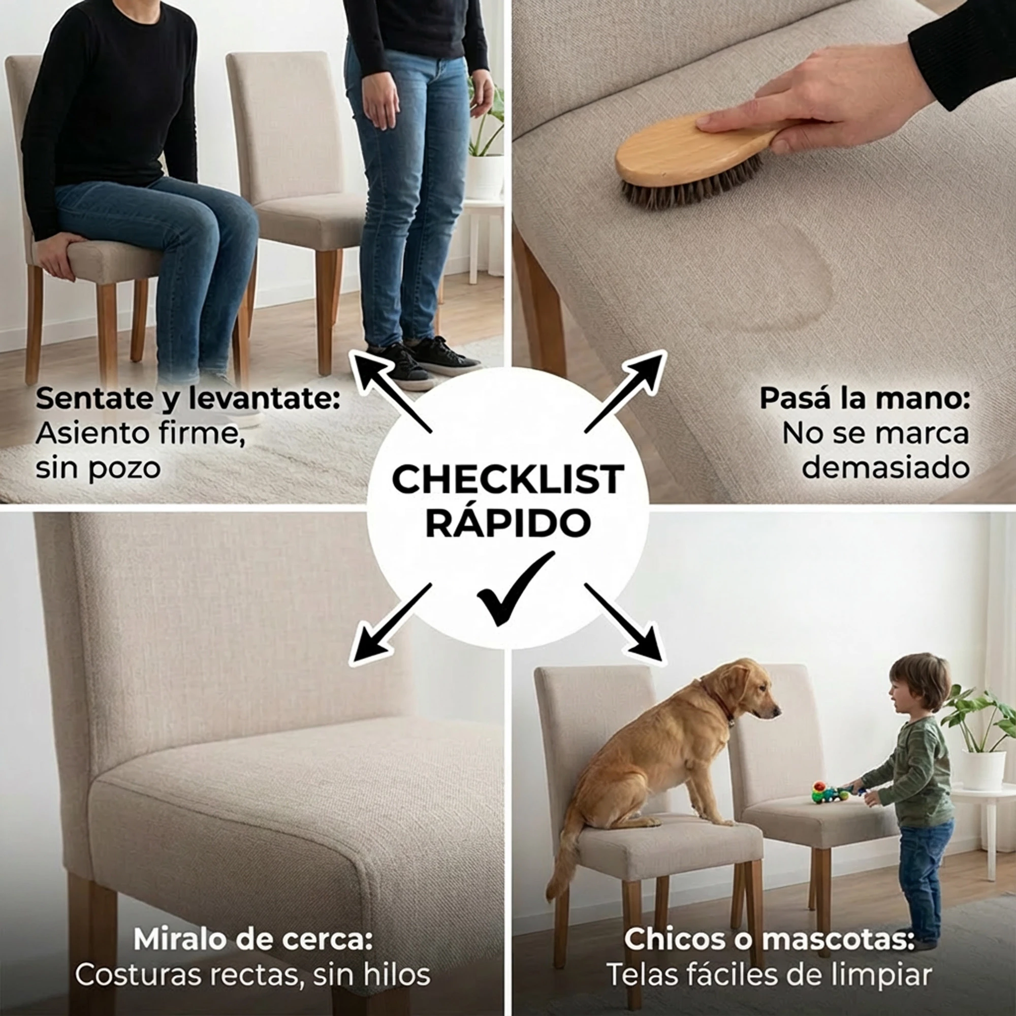 Test r&aacute;pido de tapizados en sillas de comedor: c&oacute;mo responde el asiento, c&oacute;mo se ven las costuras y c&oacute;mo marca la tela.