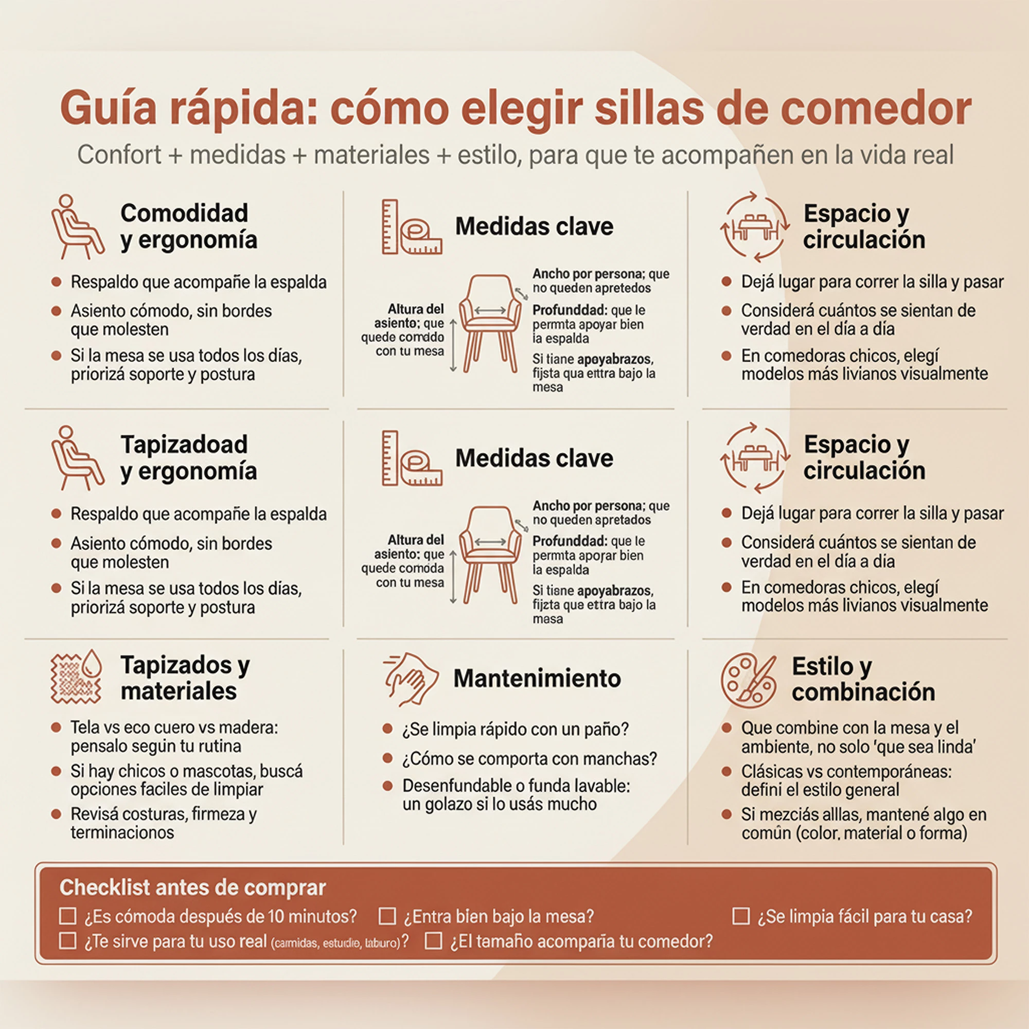 Guía rápida para elegir sillas de comedor: comodidad y ergonomía, medidas clave, espacio y circulación, tapizados y materiales, mantenimiento, estilo y combinación, con checklist de compra.