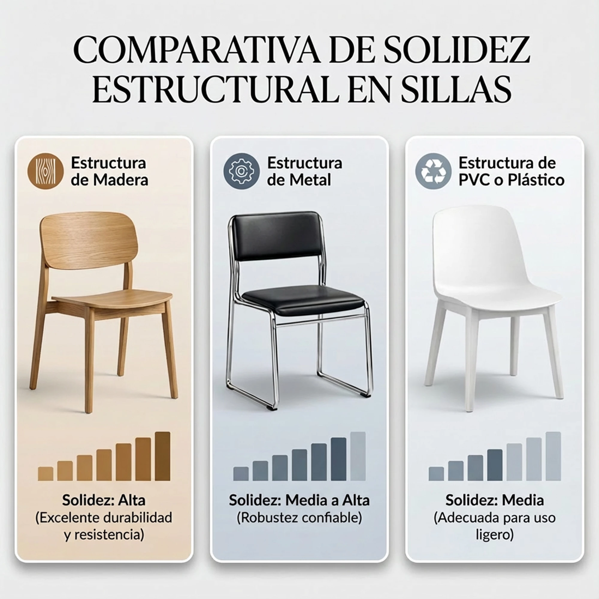 Comparativa de solidez estructural en sillas: madera (alta), metal cromado (media a alta) y PVC o pl&aacute;stico (media)