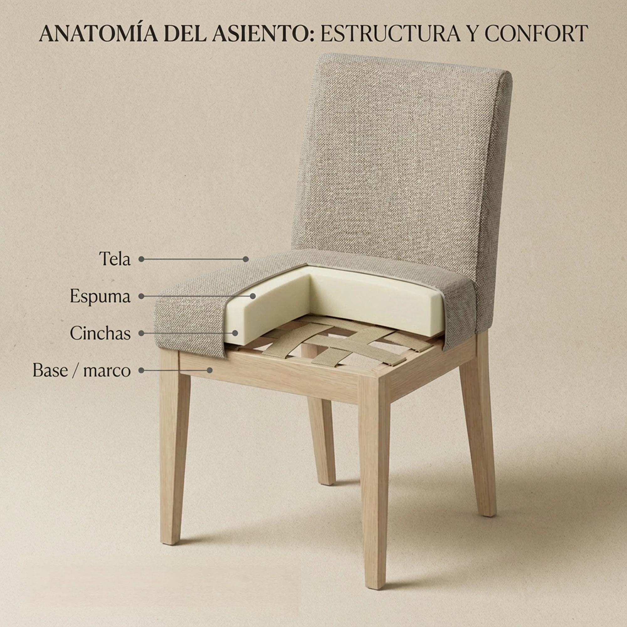 Corte del asiento de una silla de comedor tapizada mostrando capas: base, cinchas, espuma y tela.