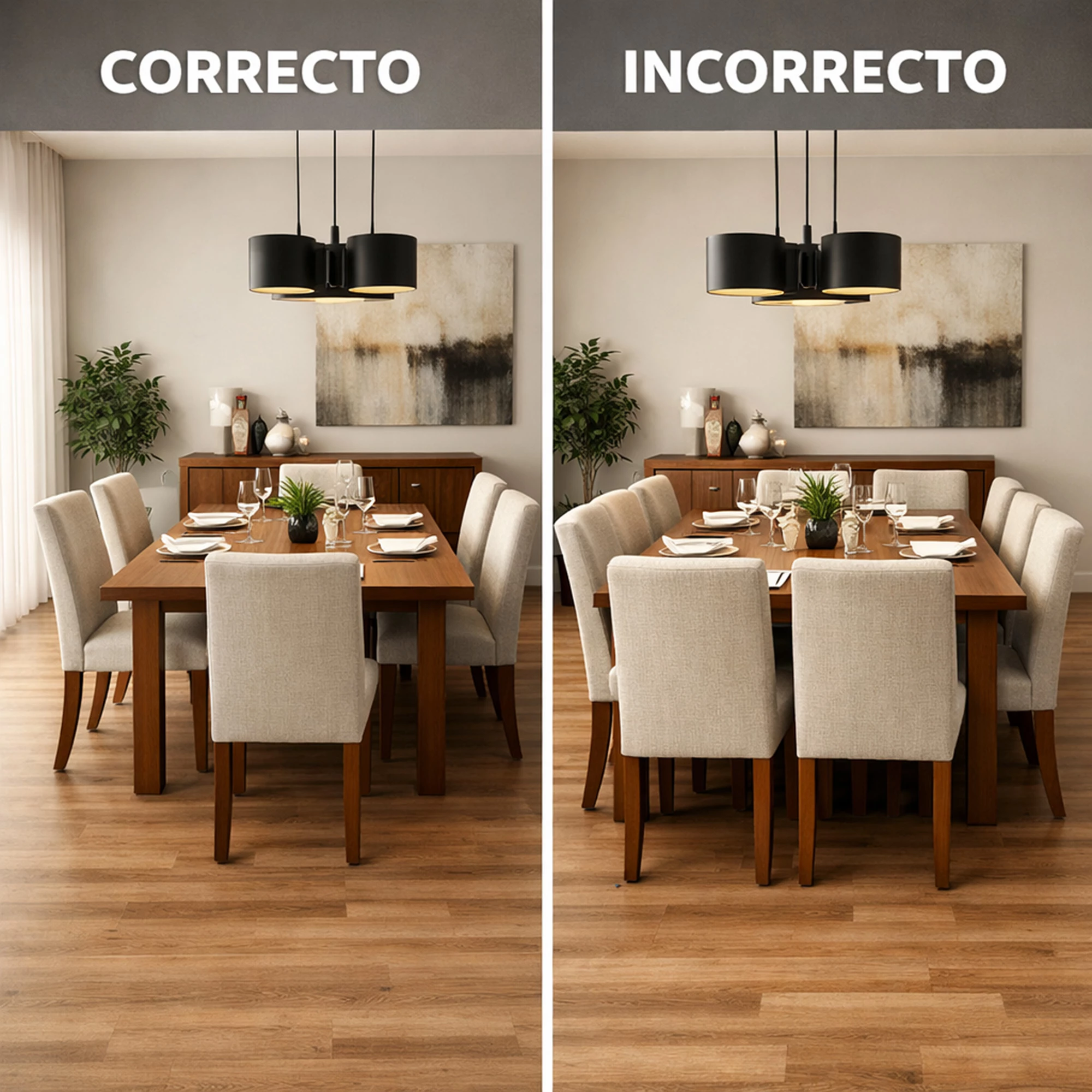 Foto comparativa mostrando espaciado correcto e incorrecto entre sillas de comedor