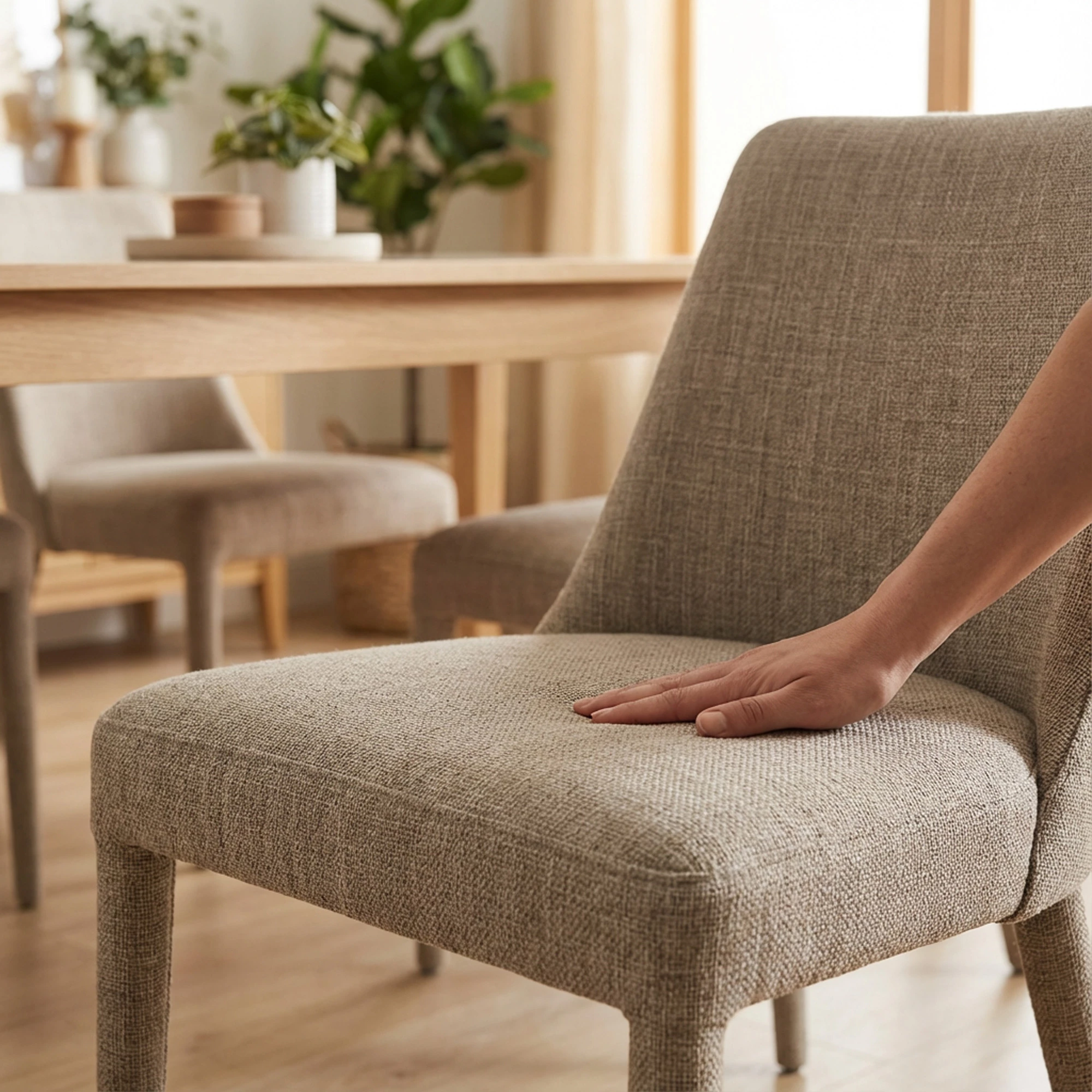 Silla de comedor tapizada en comedor luminoso, con detalle de la textura del asiento y respaldo y una mano apoy&aacute;ndose para mostrar confort y uso diario