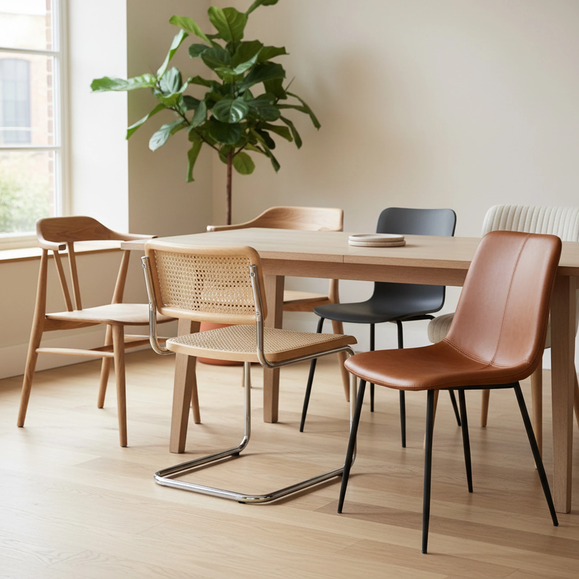 sillas de comedor en ambiente luminoso con distintos materiales y acabados