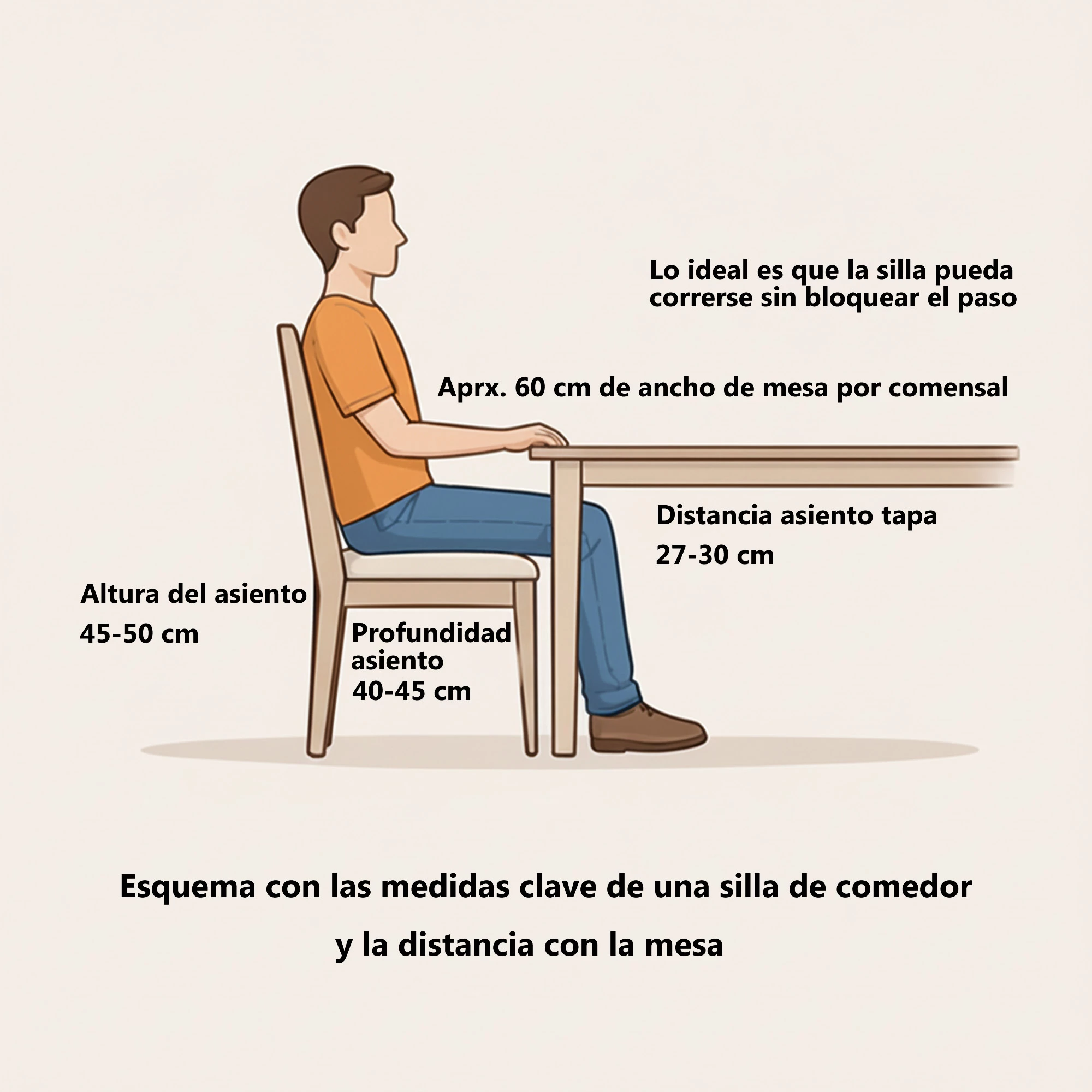 Medidas claves de una silla de comedor y la distancia con la mesa