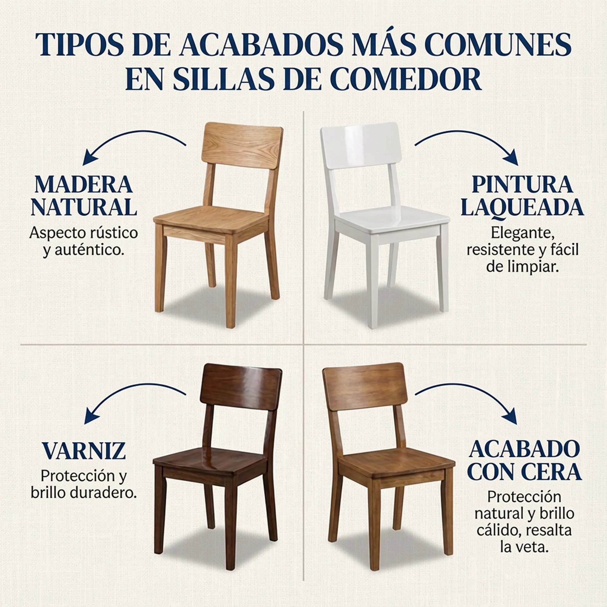 tipos de acabados mas comunes utilizados en sillas de comedor