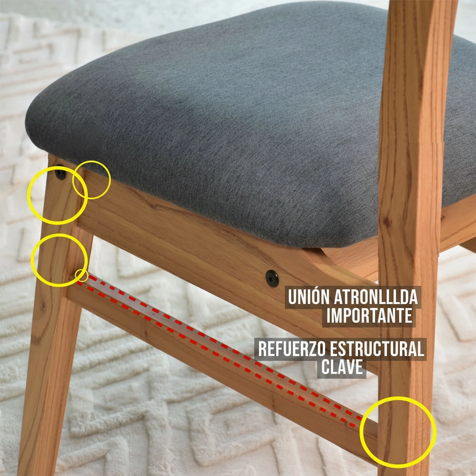 uniones y refuerzos en la estructura de una silla de comedor